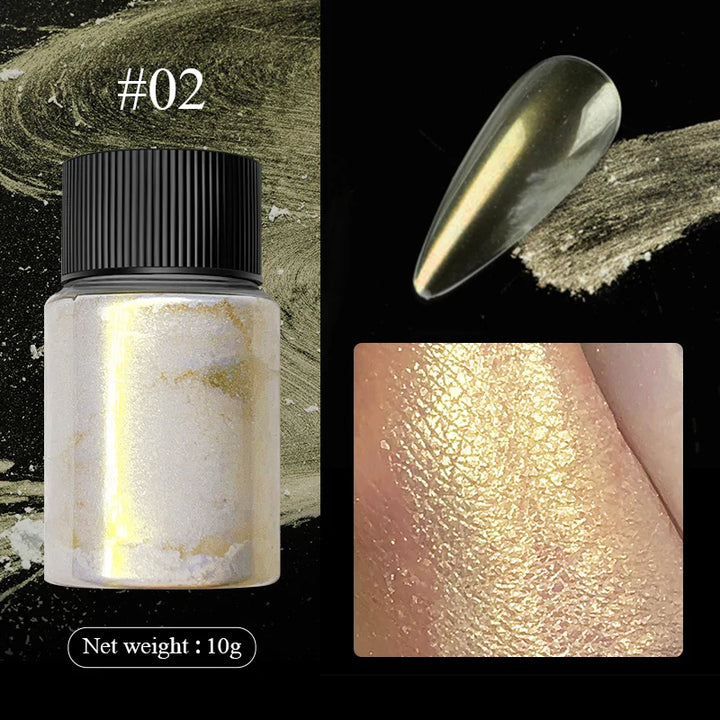 Rynx | Aurora Pearl White Nails Glitter Dust Chrome Gradient Rubbing on Powder Mirror Reflective Magnetic Pigment Nail Art Decorations