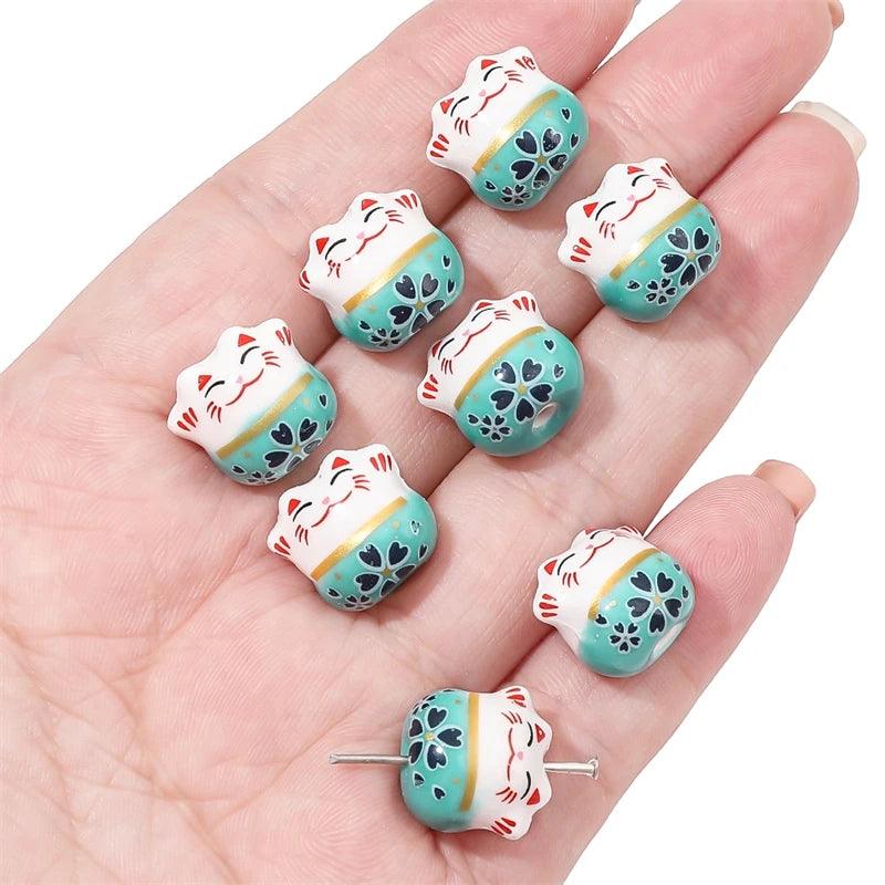 Lisslune | Set of 2 Artisan 14mm Ceramic Lucky Cat Charms for Creative Jewelry Designs