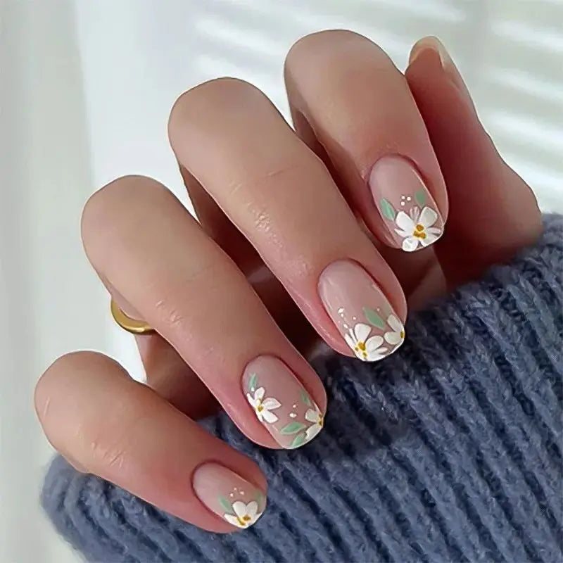 Rynx | Striped plaid pattern Pink flower nail art Simple fashion Spring artificial nails Removable ready-made fingernails press-on nails with glue