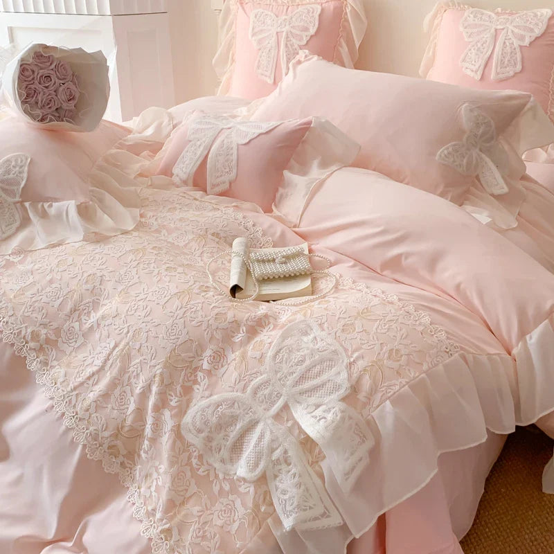Rynx | Korean Princess Bedding Set Coquette Lace Bow Beauty Solid Color Lace Ruffle Comforter Sets Luxury Girls Wedding Duvet Cover