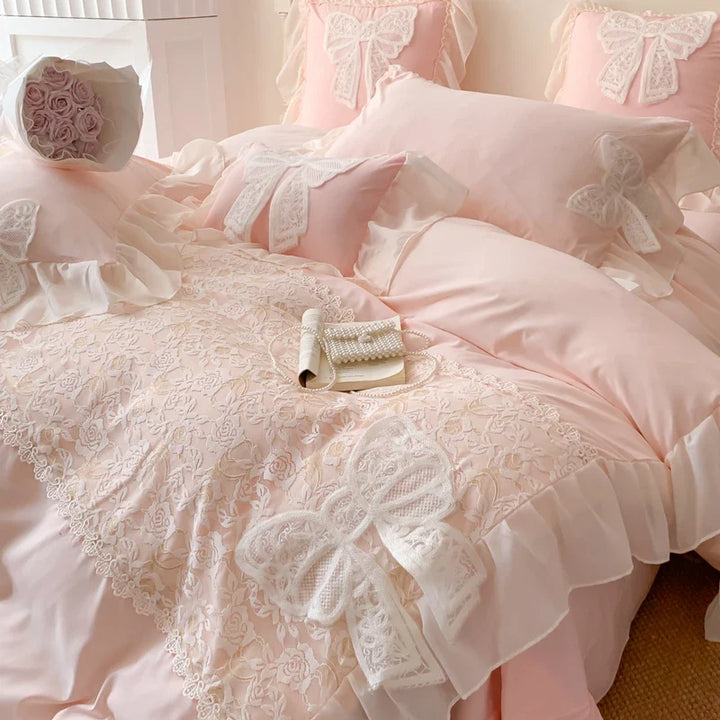 Rynx | Korean Princess Bedding Set Coquette Lace Bow Beauty Solid Color Lace Ruffle Comforter Sets Luxury Girls Wedding Duvet Cover