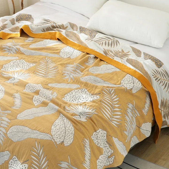Rynx | Textile City Patterned Leaves Yellow Cotton Gauze Throw Blanket 5-Layer Gauze Towel Quilt Soft Comfortable Throw Blanket 200x230cm