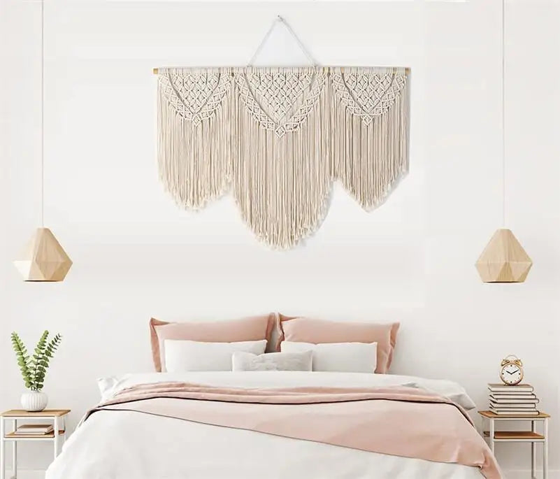Rynx | Large Macrame Wall Tapestry Handcrafted Cotton Rope Tassel Pendant Wall Hanging Rug with Wooden Stick Handwoven Bohemia Tassel