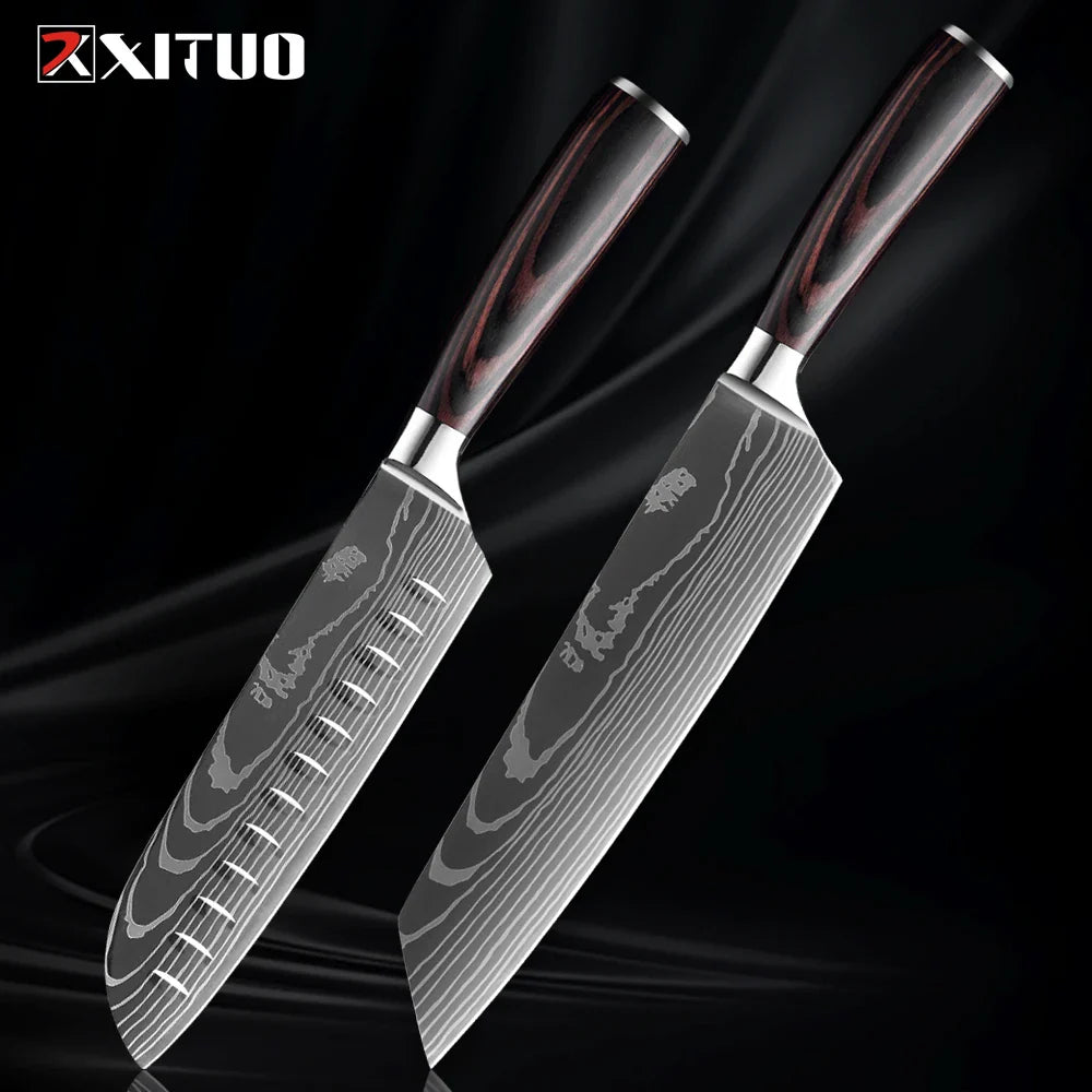 Skorter | XITUO Kitchen Knife Set - 1-9PCS 7Cr17Mov Stainless Steel Chef, Santoku & Fruit Knives with Ergonomic Pakkawood Handle