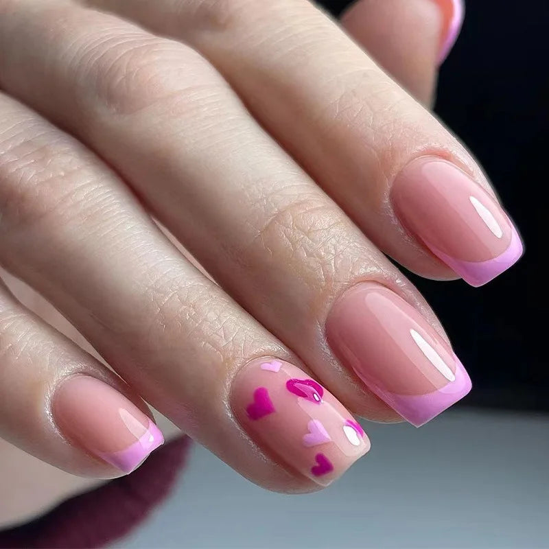 Rynx | Red Love Heart French Sweet Nail Art Nude Pink Artificial Nails Removable Finished Fingernails Valentine's Day Gift Press-on Nails With Glue