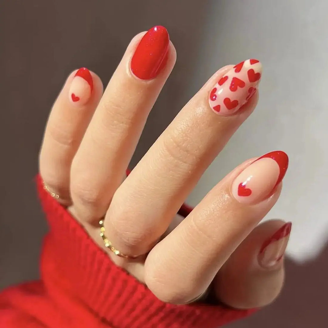 Rynx | Red Love Heart French Sweet Nail Art Nude Pink Artificial Nails Removable Finished Fingernails Valentine's Day Gift Press-on Nails With Glue