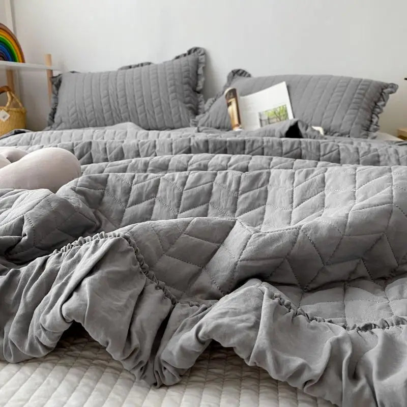 Rynx Ruffled Quilted Breathable Summer Blanket Set Princess Climate Blanket Soft Washable Thin Comfort Blanket Set or Single Blanket
