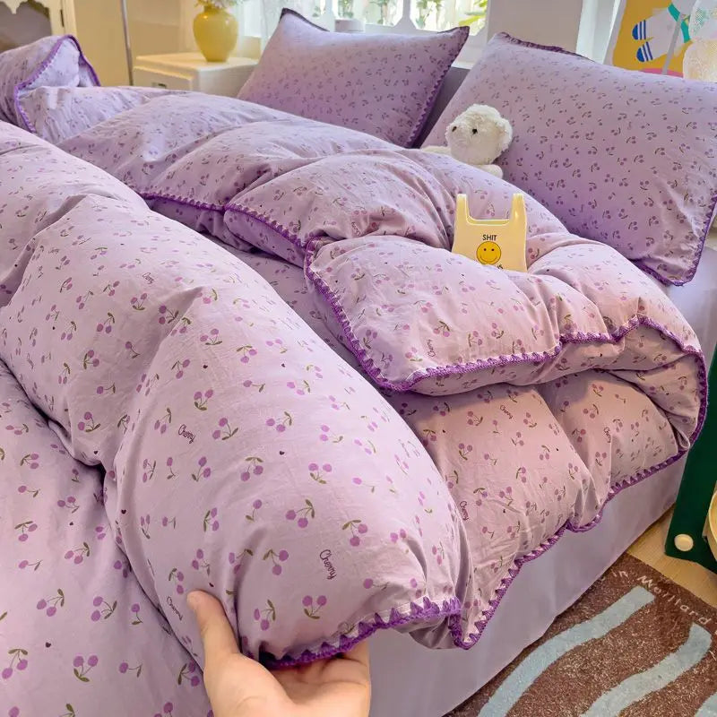 Rynx | In the Bedding Set Purple Love Stripes Double Layer Yarn Four-Piece Dorm Girl Heart Bed Sheet and Quilt Set Washed Cotton