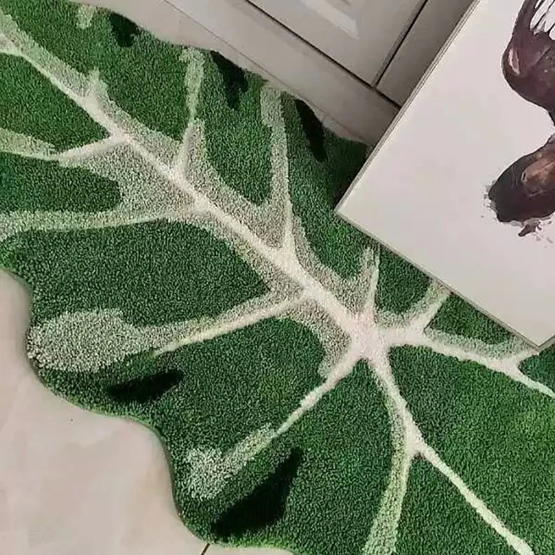 Rynx | Tufting Greenleaf Bedroom Rug Soft Fluffy Bed Mat Area Rug Floor Organization Cushion Plant Doormat Aesthetic Home Kids Room Decor
