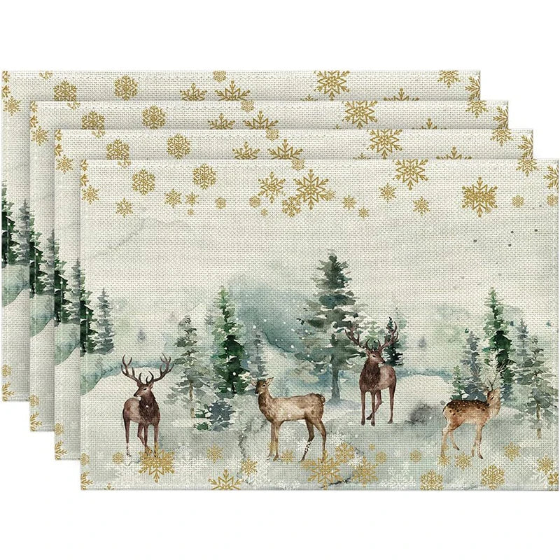 Rynx 4Pc Christmas Tree Moose Placemat Linen Dining Table Mats Coaster Bowl Coffee Mug Pad Mat 2024 Christmas Home Kitchen Decoration
