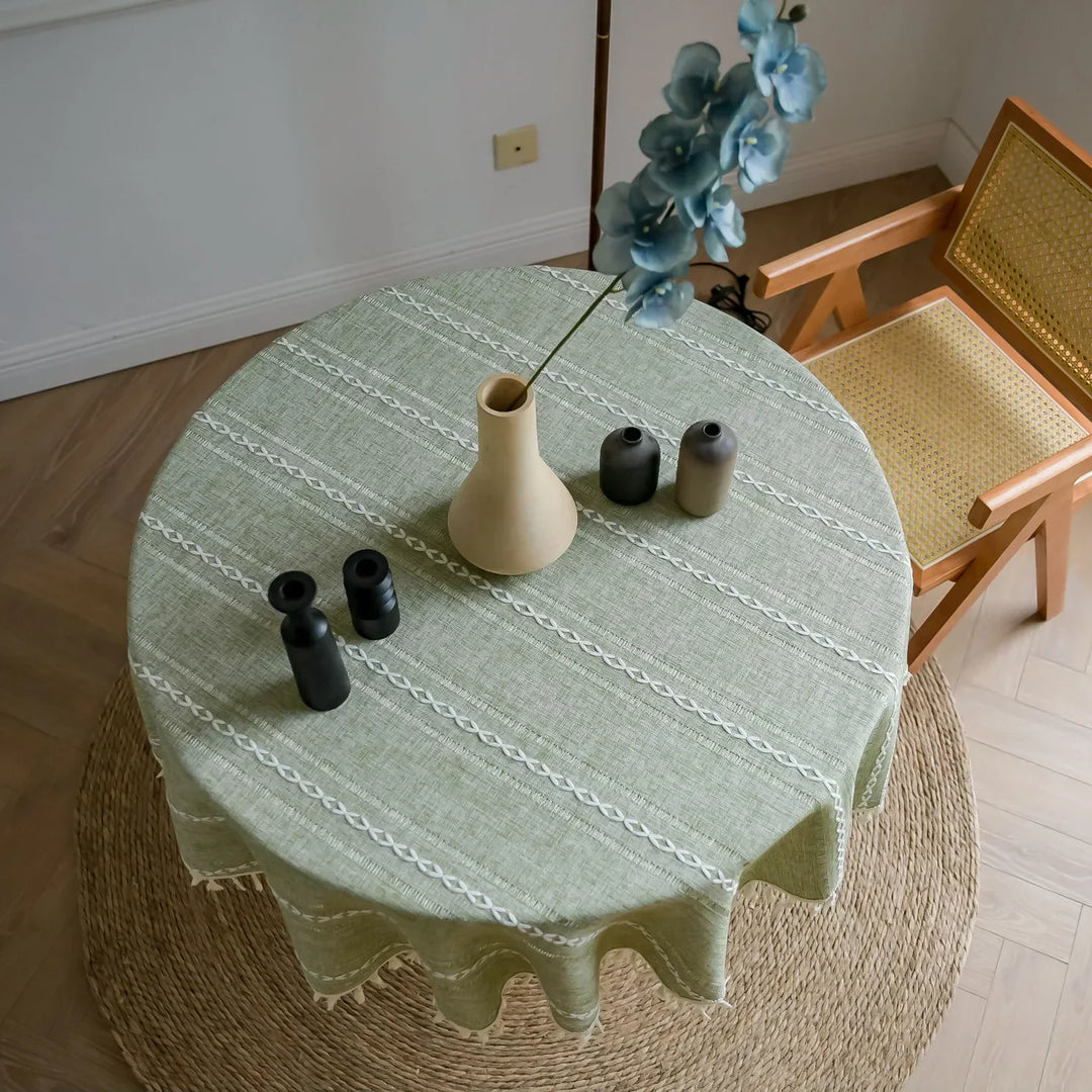 Rynx Cotton Linen Three-Dimensional Jacquard Checked Round Tablecloth, Tassel Dustproof Tablecloth, For Dinner Party Wedding Decor