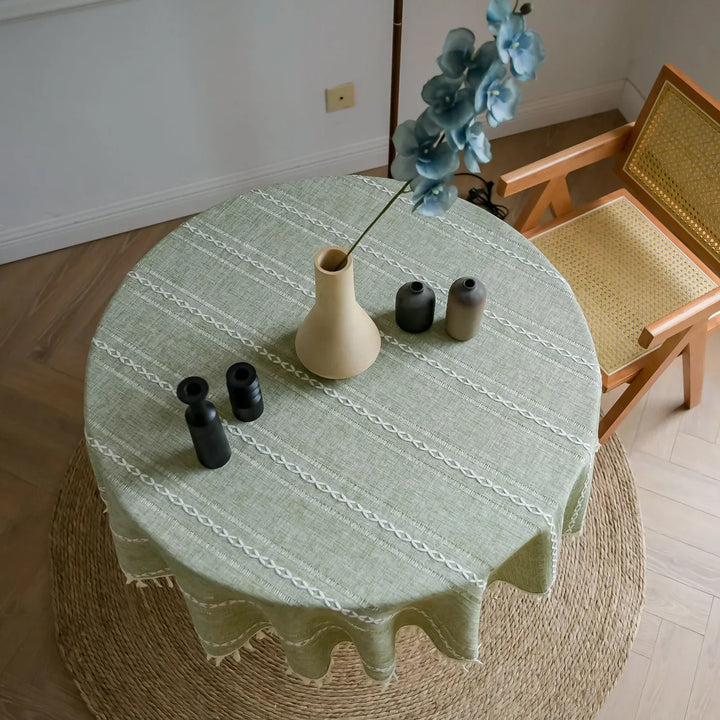 Rynx Cotton Linen Three-Dimensional Jacquard Checked Round Tablecloth, Tassel Dustproof Tablecloth, For Dinner Party Wedding Decor