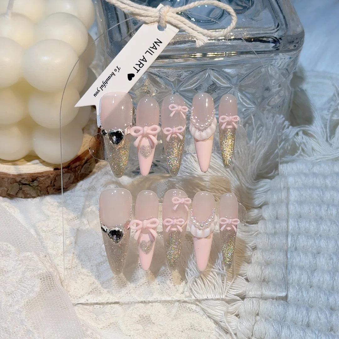 Rynx | 10 Pieces Pink Bow Artificial Nails Glitter Powder Decor Sweet French Stick-on Nails for Women Girls Portable Handmade Korean Artificial Nail Tips