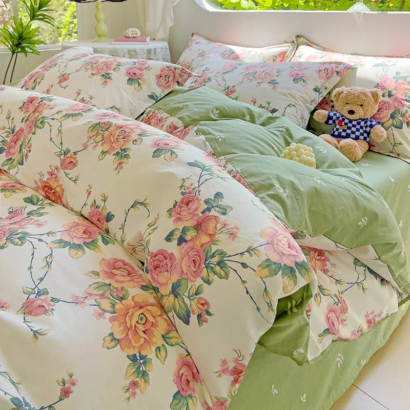 Rynx | Hot Flora Style 100 % Cotton Bedding Set Printed Four Piece Set Pure Cotton Sheet Set Duvet Cover Queen King Size