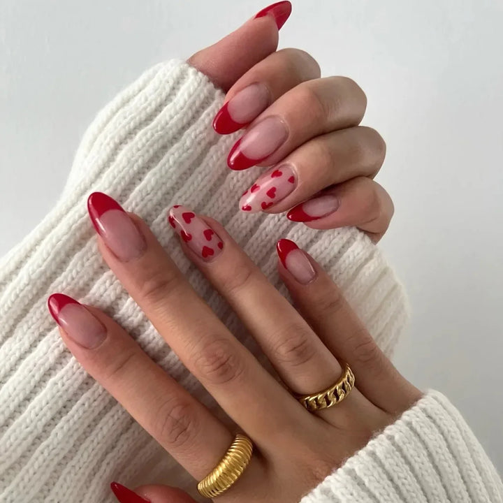 Rynx | Red Love Heart French Sweet Nail Art Nude Pink Artificial Nails Removable Finished Fingernails Valentine's Day Gift Press-on Nails With Glue