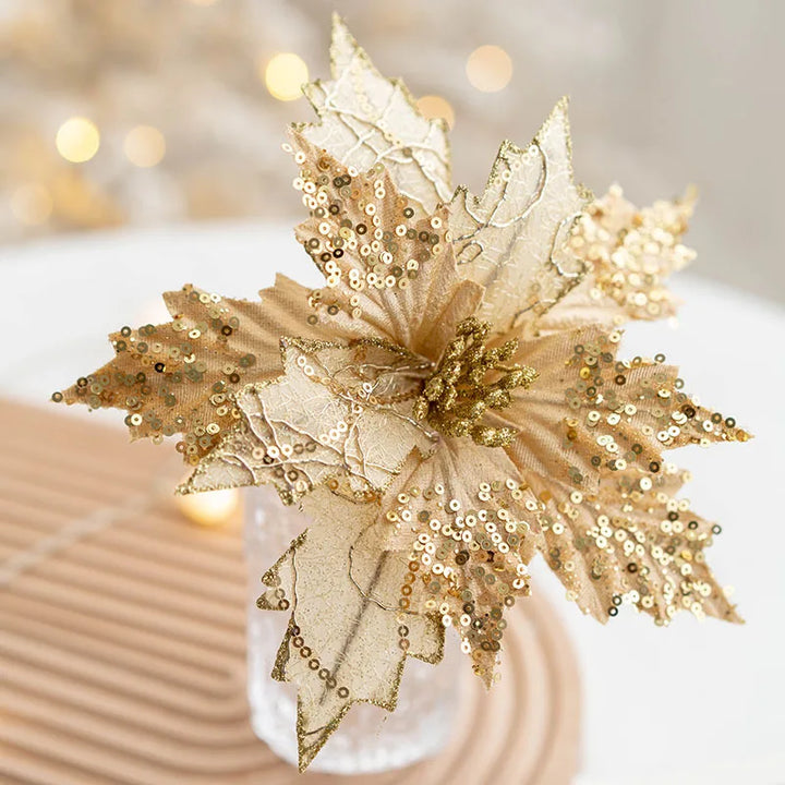 Rynx | 1PC Christmas Gold Silver Artificial Flower Christmas Tree Sequin Artificial Flowers DIY Decorations for Festival Party New Year Decoration