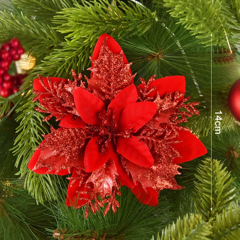 Rynx 5/10pcs 14cm Glitter Artificial Christmas Flowers Xmas Tree Ornaments Merry Christmas Decorations for Home New Year Gift Navidad