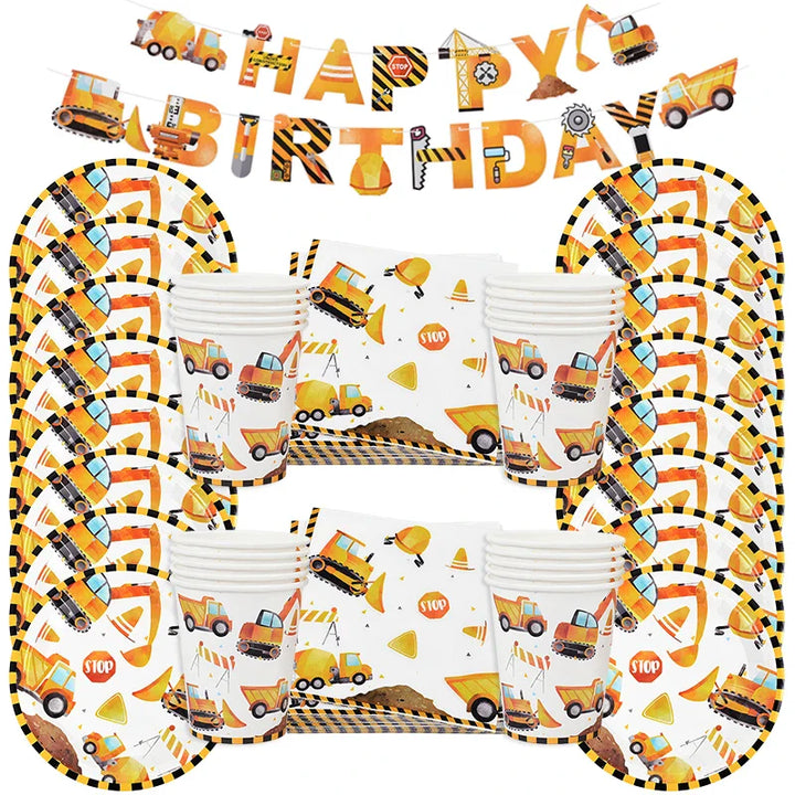 Rynx Construction Party Disposable Tableware Kids Boys Engineering Vehicle Theme Birthday Party Decorations Truck Balloon Supplies
