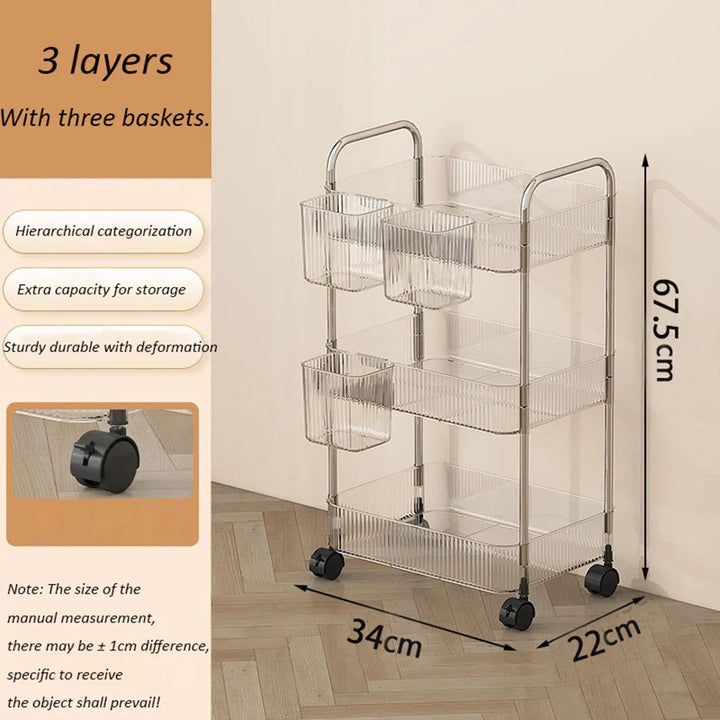 Rynx | Light Luxury Storage Trolley 2/3/4 Layers Transparent Acrylic Rolling Cart With Removable Hanging Goods Snacks Book Shelf