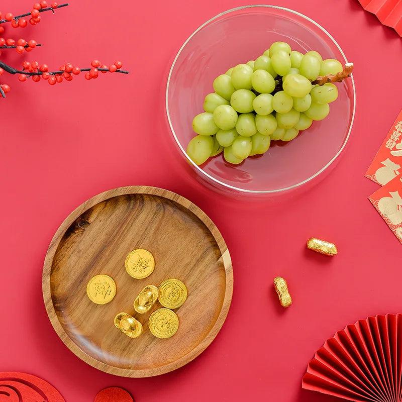 Lisslune | Elegant Acacia Wood Double-Layer Glass Storage Tray for Nuts and Fruits
