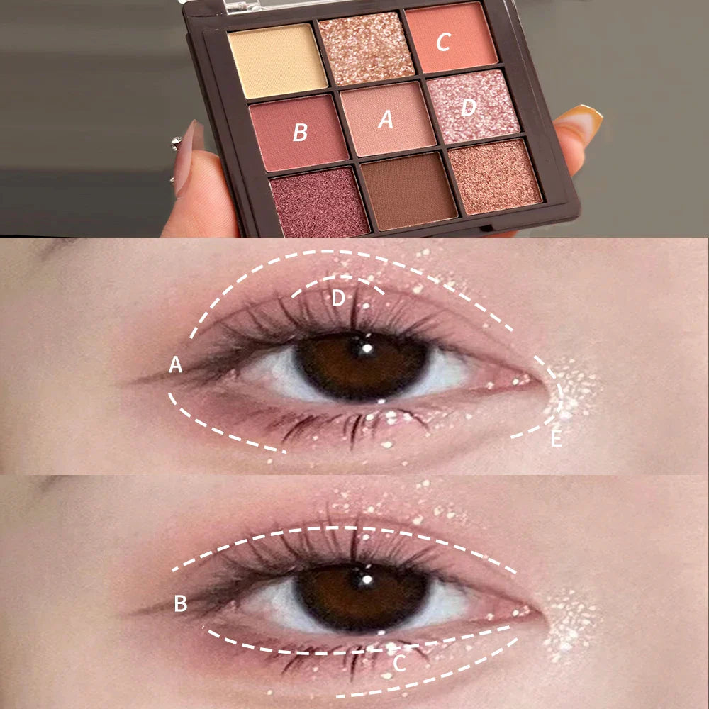 Lisslune | Neue transparente neunfarbige Lidschatten-Palette Rosy Nine Palace Glitter-Augen-Make-up