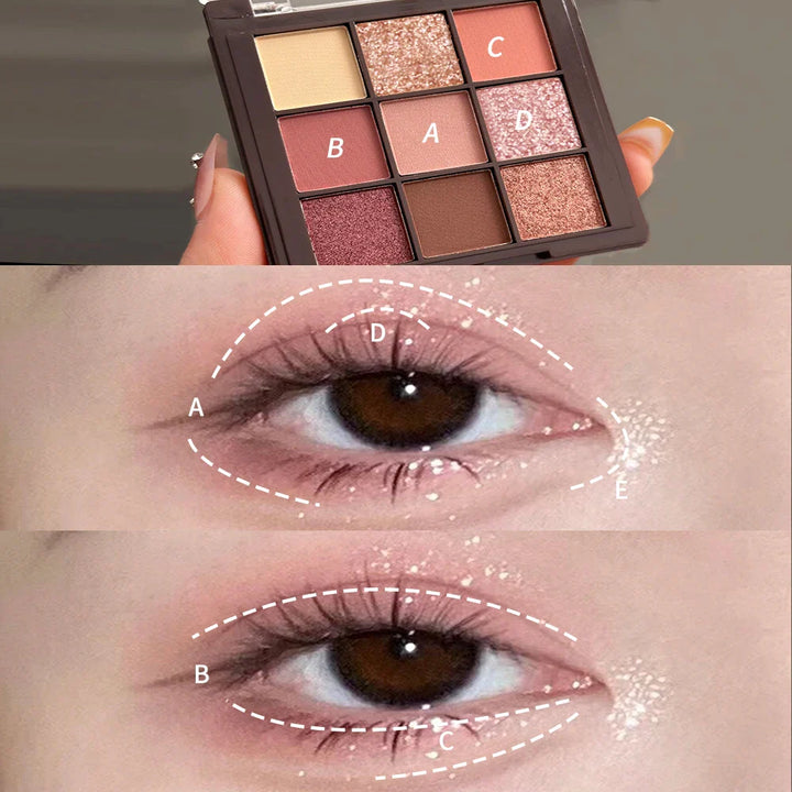 Lisslune | Neue transparente neunfarbige Lidschatten-Palette Rosy Nine Palace Glitter-Augen-Make-up