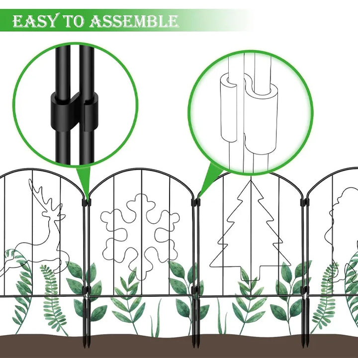 Rynx | 10-Panel Solar Illuminated Garden Fence with Christmas Pattern & String Lights, Stainless Steel Edge for Terrace, Garden and H