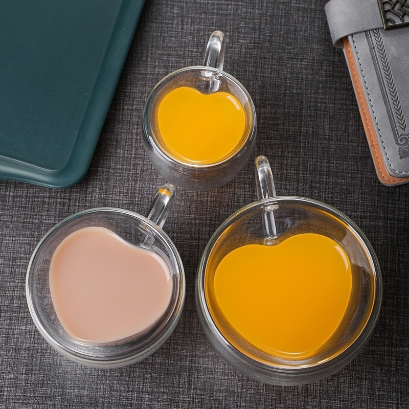 Lisslune | Heart Love Shape Glass Mug Double-Walled Coffee Cups Insulated Tea Milk Lemon Juice Water Cup Heat-Resistant Drinkware Lover Gift