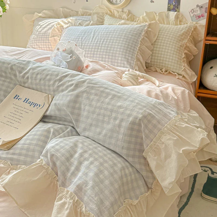 Rynx | Korean Princess Style Bedding Set Soft Skin-friendly Grid Lace Ruffles Duvet Cover Checkered Style Duvet Covers Set Pillow Covers