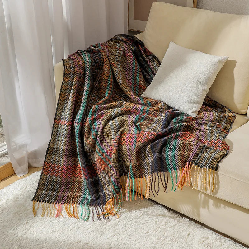 Rynx | Textile City Woven Throw Blanket in Ethnic Style Wave Fringe Casual Scarf Throw Blanket Room Decoration Acrylic Scarf 127x172cm