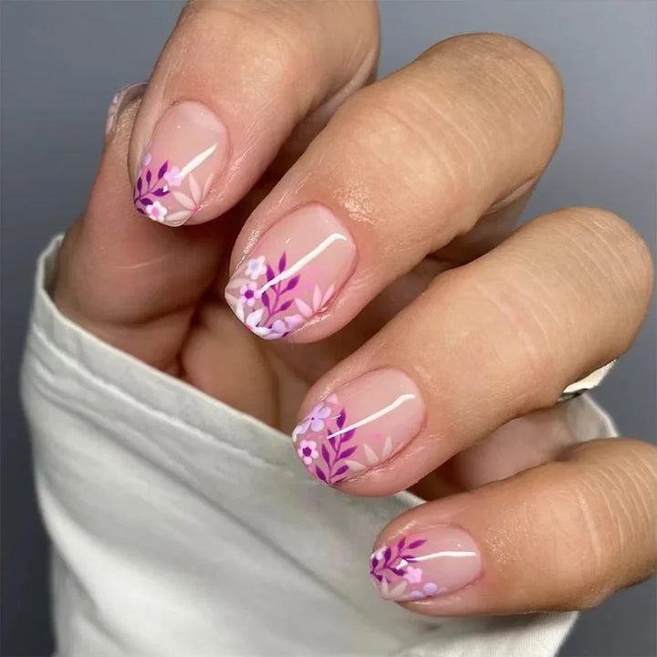 Rynx | 24 Piece Square Press-on Nails Set with Pink Flower Patterns Full Coverage Acrylic Nail Tips Glue for Stylish Women/Girls