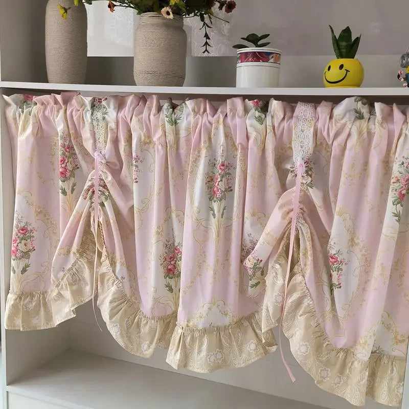 Rynx | Wave Pink Embroidered Flowers Window Panel Living Room Elegant Lace Curtain Panel Lace Band Short Curtains Kitchen