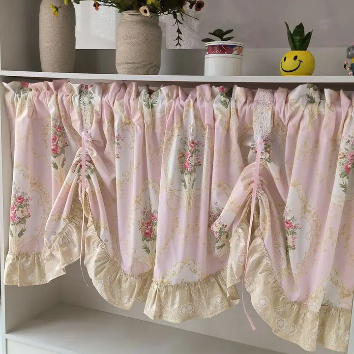 Rynx | Wave Pink Embroidered Flowers Window Panel Living Room Elegant Lace Curtain Panel Lace Band Short Curtains Kitchen