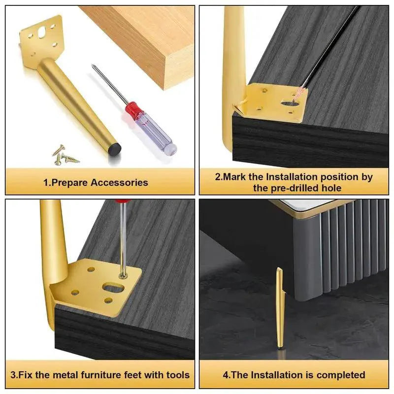 Lisslune | Modern gold and black steel adjustable furniture legs - Set of 4 with rubber feet