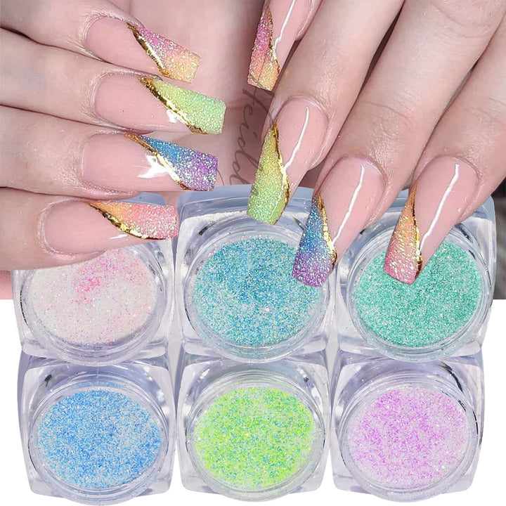 Rynx |2.5g*6Glasses Iridescent Sugar Nail Art Glitter Powder Pink/Blue Sparkling Candy Coat Effect Pigment DIY Manicure Nail Polish Decorations