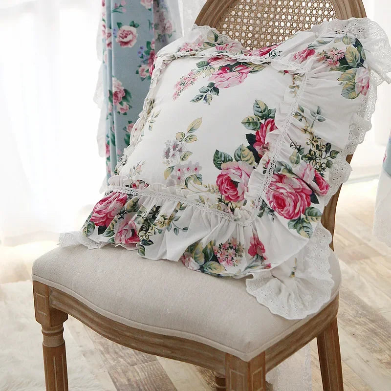 Rynx Elegant Ruffle Lace Decorative Pillowcase European Embroidery Bed Pillowcase Princess Pink Print Pillowcase Sofa Cushion