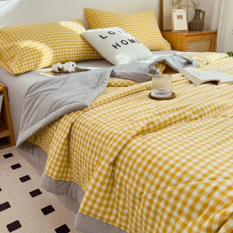Rynx Summer Duvet Machine Washable Bed Cover Grid King Size Blanket Double Cotton Soft Fashion Air Conditioning Cool Quilt