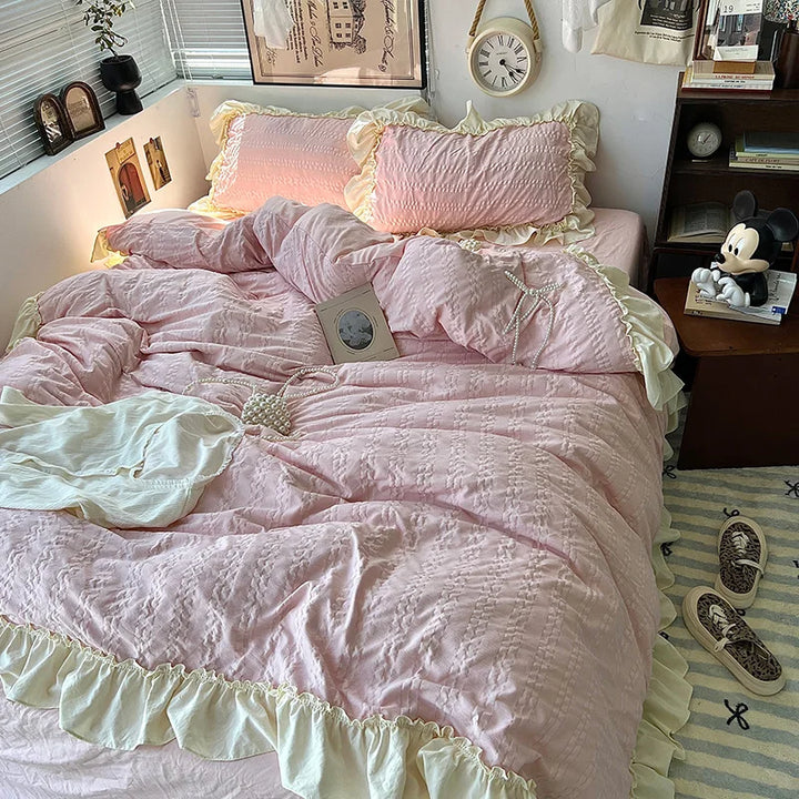 Rynx | Pink Korean Princess Style Lace Ruffles Bedding Set Skin-Friendly Seersucker Duvet Cover Set Fitted Sheet/Bed Sheet Pillowcases