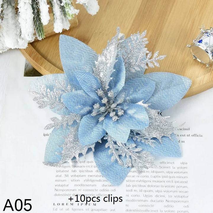 Rynx 5.7 inch artificial blue and black Christmas glitter flowers with clips 5/10 pieces Xmas tree flower ornaments Noel New Year decoration