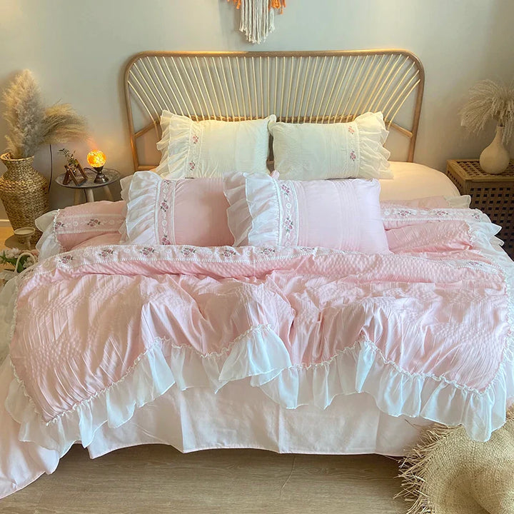 Rynx | Pink Korean Princess Style Lace Ruffle Wedding Bedding Set Seersucker Washed Cotton Soft Duvet Cover Set Bed Sheets Pillowcases