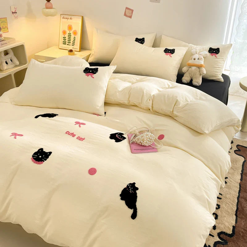 Rynx | Korean Style Pink Bedding Set Black Cat Embroidery Washed Cotton Duvet Cover Cute Cartoon Bedding Comforter Sets