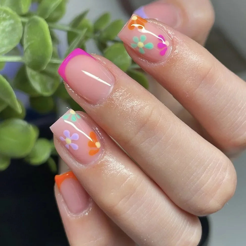 Rynx | 24 Piece Square Press-on Nails Set with Pink Flower Patterns Full Coverage Acrylic Nail Tips Glue for Stylish Women/Girls
