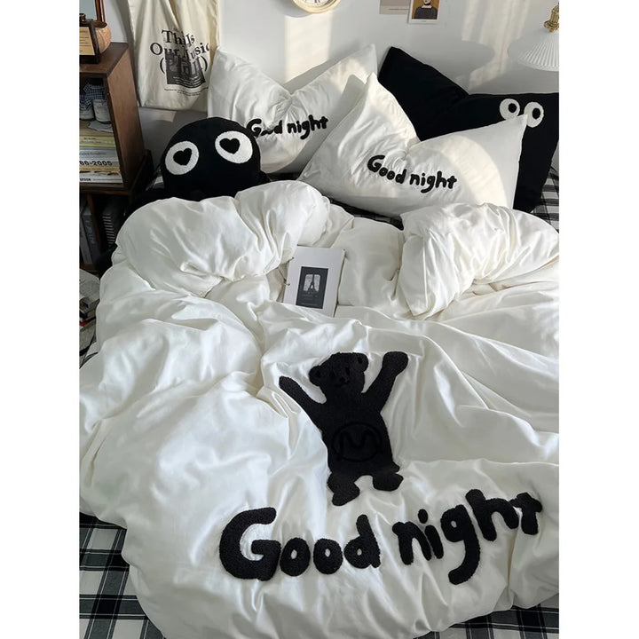 Rynx | Ins Cartoon Bedding Set Teddy Bear Washed Cotton Towel Embroidered Solid Color Bed Sheets Dorm Student Duvet Cover Set