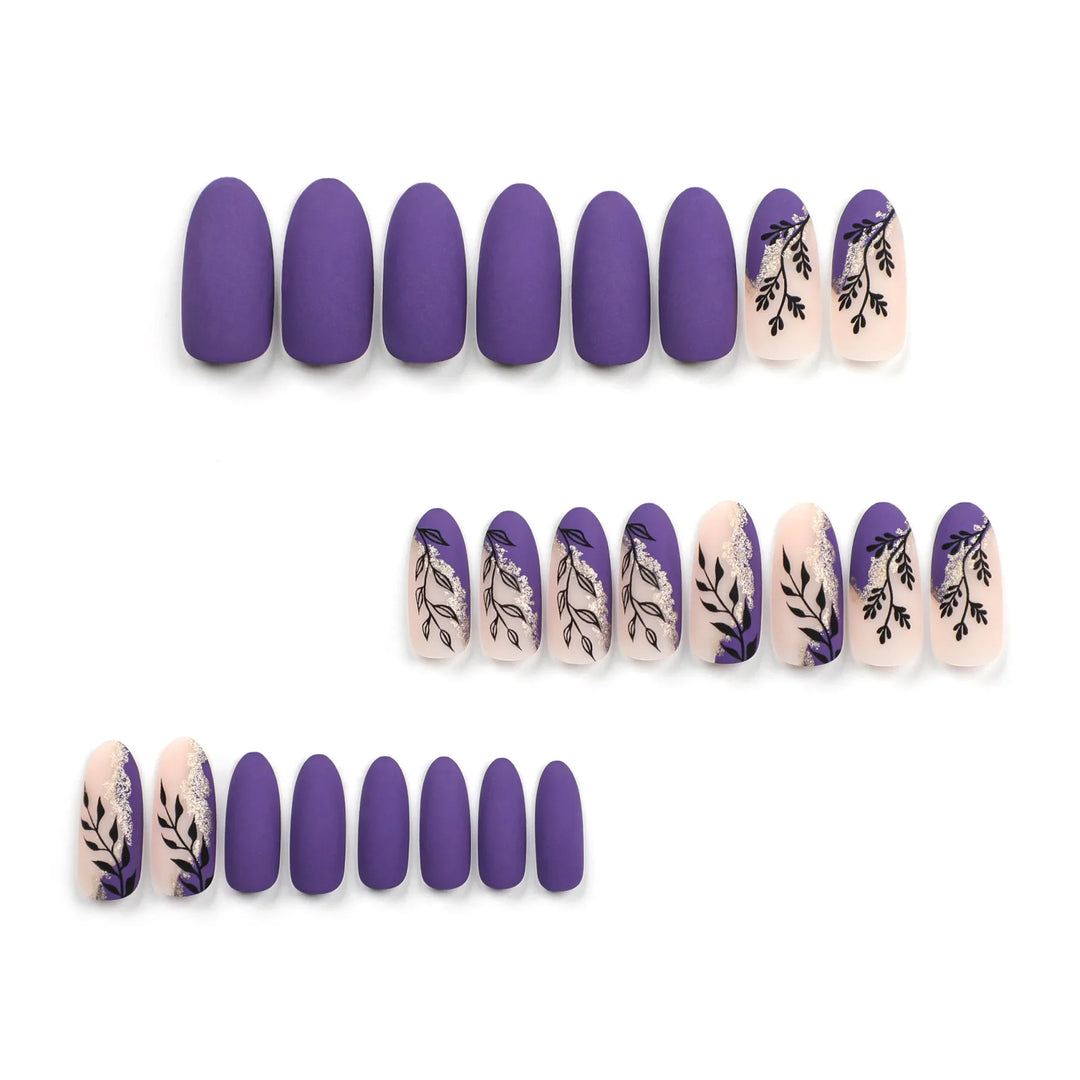 Rynx | Frosted Black Leaf Gold Glitter Powder Long Round Artificial Nails Purple Removable Ready to Stick Artificial Nails with Glue
