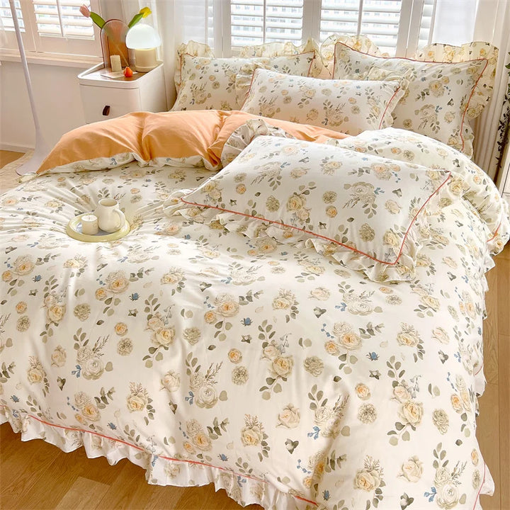 Rynx Princess Style Ruffled 100% Cotton Duvet Cover Set or Single Duvet Covers Floral Soft Duvet Cover Cotton Sweet Duvet Covers