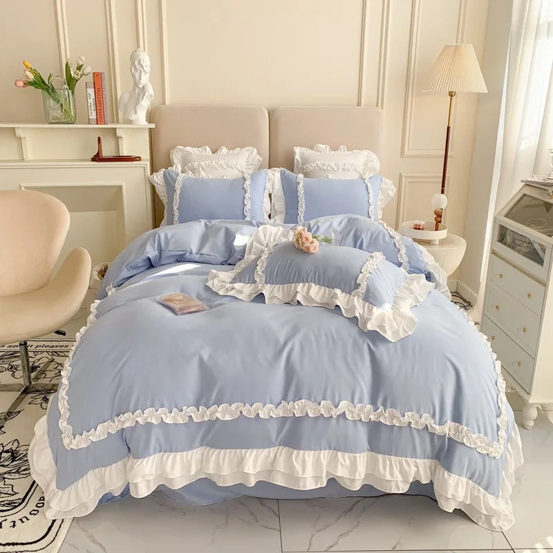 Rynx Elegant Lace Bedding Sets Luxury Bedding Princess Washed Cotton Ruffle Duvet Cover Bed Sheet and Pillowcases for Girls Luxury