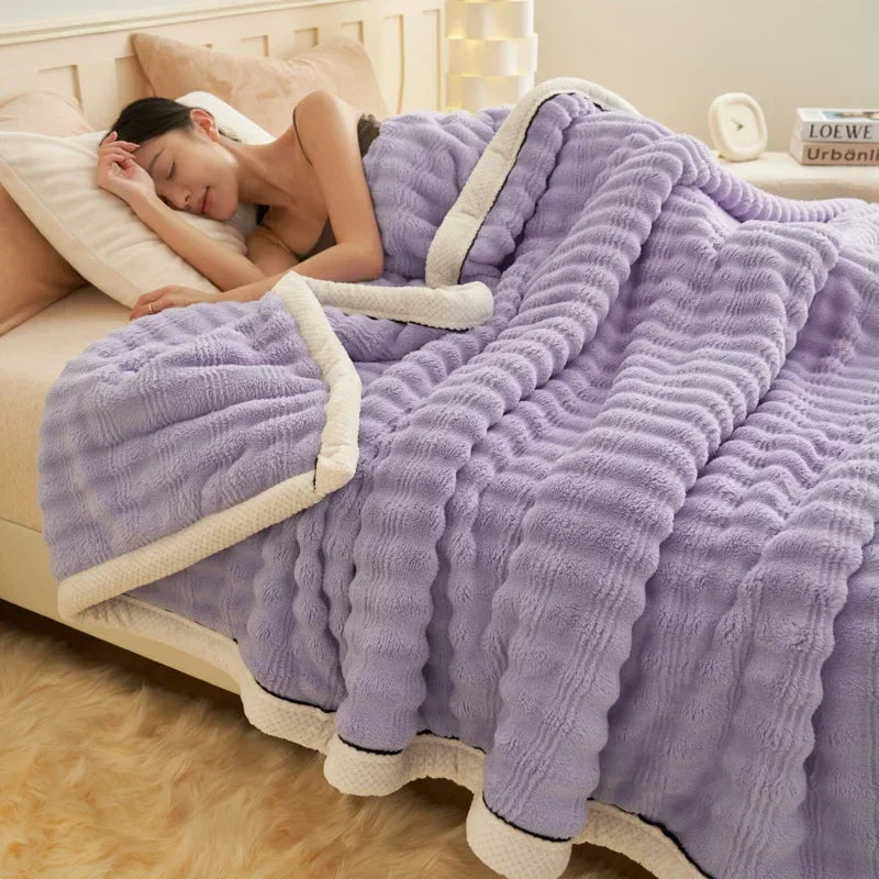 Rynx Artificial Rabbit Plush Autumn Winter Warm Blanket Striped Fluffy Warmth Sofa Blankets Soft Absorbent Breathable Nap Blanket
