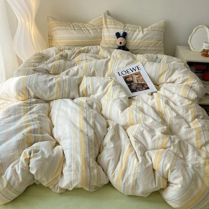 Rynx | Striped Bedding Set INS Nordic Girl Soft Washed Cotton Bed Sheet Queen King Size Duvet Cover Set Comforter Set Pillowcase Bedding