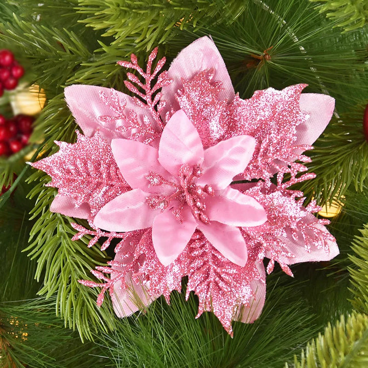 Rynx 5/10pcs 14cm Glitter Artificial Christmas Flowers Xmas Tree Ornaments Merry Christmas Decorations for Home New Year Gift Navidad