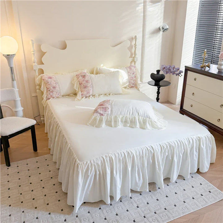 Rynx | Flower Lace Ruffle Princess Wedding Bedding Set Full Queen King Duvet Cover Bed Skirt/Bed Sheet/Fitted Sheet Pillowcases 4 Pieces